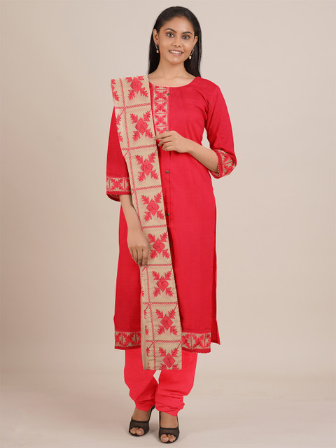 

Pothys Red & Beige Embroidered Satin Unstitched Dress Material