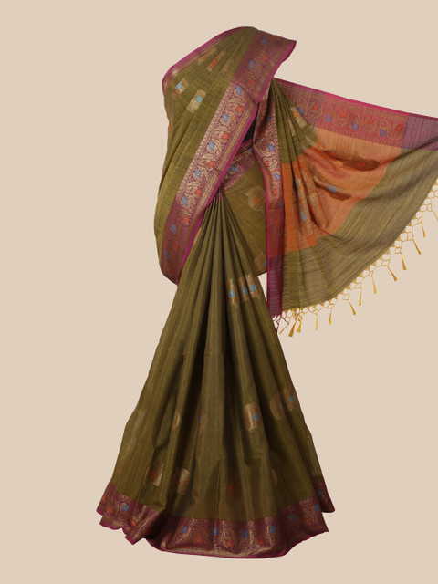 

Pothys Olive & Magenta Ethnic Motifs Zari Jute Silk Saree