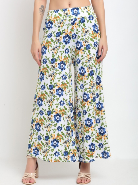 

NEUDIS Women White & Blue Floral Printed Knitted Palazzos