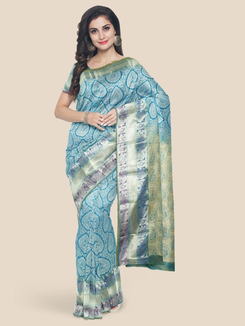 

KLM Fashion Mall Blue & Green Woven Design Zari Silk Blend Kanjeevaram Saree