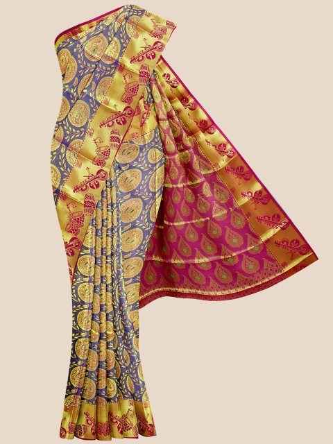 

Kalamandir Navy Blue & Gold Woven Design Zari Silk Blend Kanjeevaram Saree