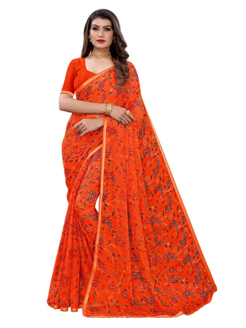 KALINI Orange & Blue Ethnic Motifs Chiffon Saree