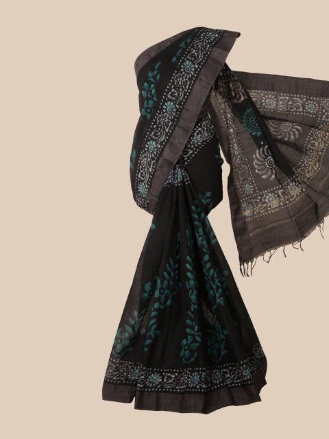 

Pothys Black & Green Batik Jute Cotton Saree