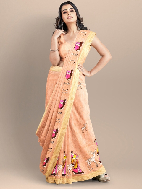

BharatSthali Peach-Coloured & Pink Ethnic Motifs Silk Cotton Mangalagiri Saree