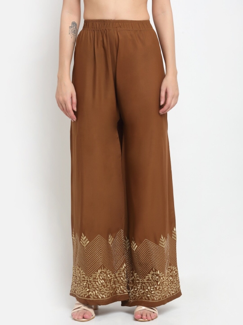 

NEUDIS Women Brown & Gold-Toned Ethnic Motifs Hem Design Ethnic Palazzos