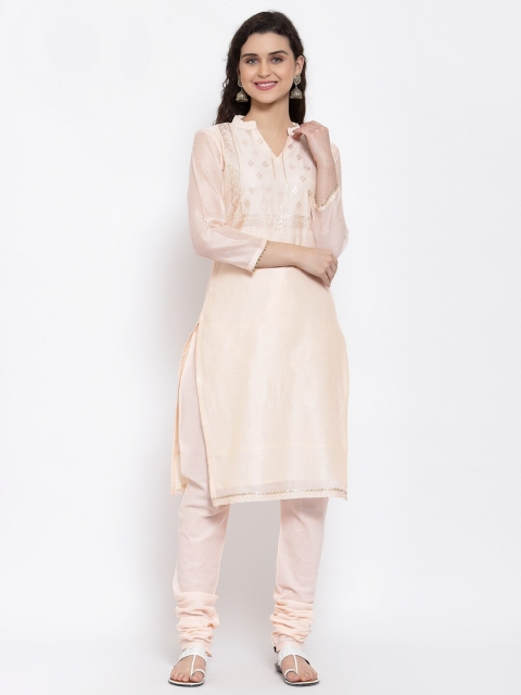 

Me Lady Fashion Peach Embellished Semi-Stitched Dress Material