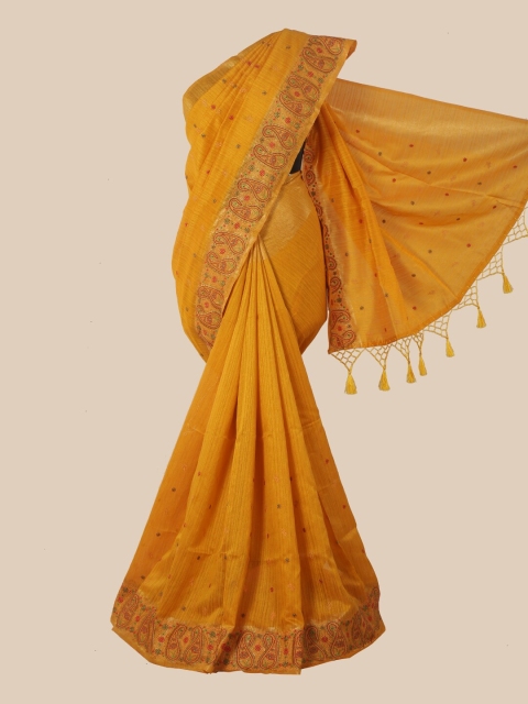 

Pothys Mustard Yellow & Red Floral Embroidered Jute Silk Saree