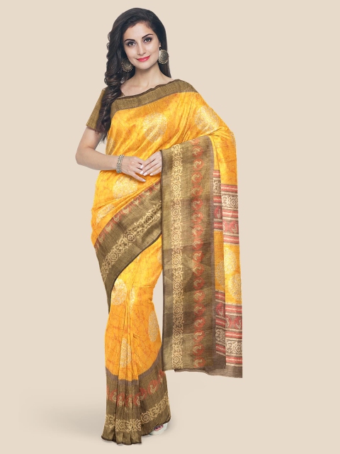 

Kalamandir Yellow & Brown Batik Linen Blend Saree