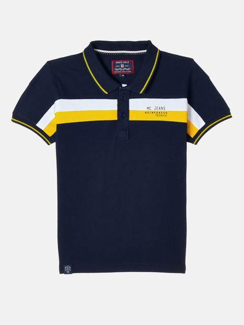 

Monte Carlo Boys Navy Blue & Yellow Striped Polo Collar Applique T-shirt