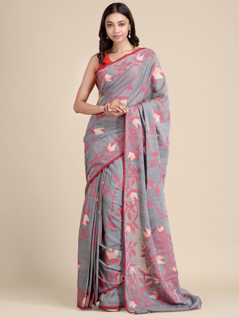 

Mitera Women Grey & Pink Floral Pure Cotton Hand Woven Jamdani Saree