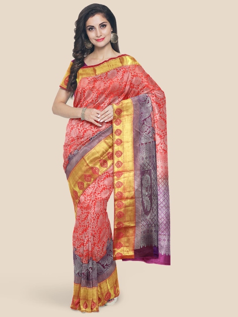 

KLM Fashion Mall Pink & Gold Woven Design Zari Silk Blend Kanjeevaram Saree