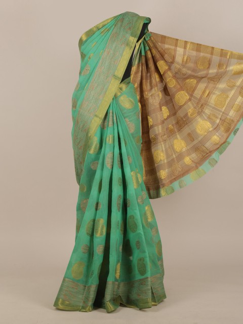 

Pothys Green & Gold-Toned Woven Design Zari Cotton Blend Saree