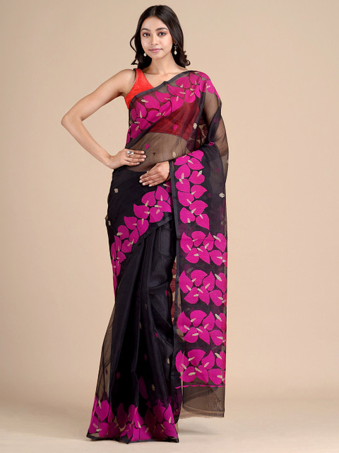 

Mitera Black & Pink Floral Pure Silk Jamdani Saree