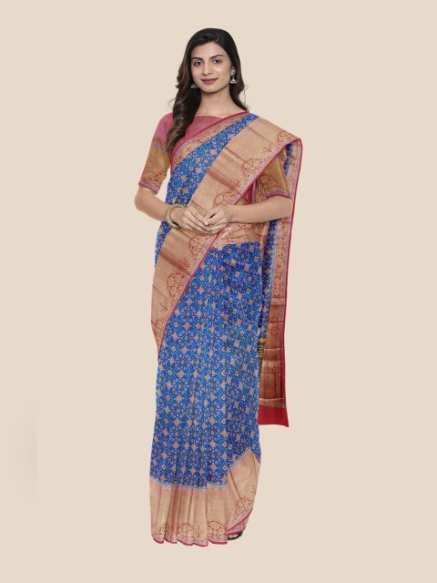 

Kalamandir Blue & Gold-Toned Floral Zari Silk Blend Saree