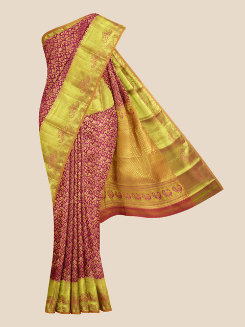

Kalamandir Pink & Gold-Toned Ethnic Motifs Zari Silk Blend Kanjeevaram Saree