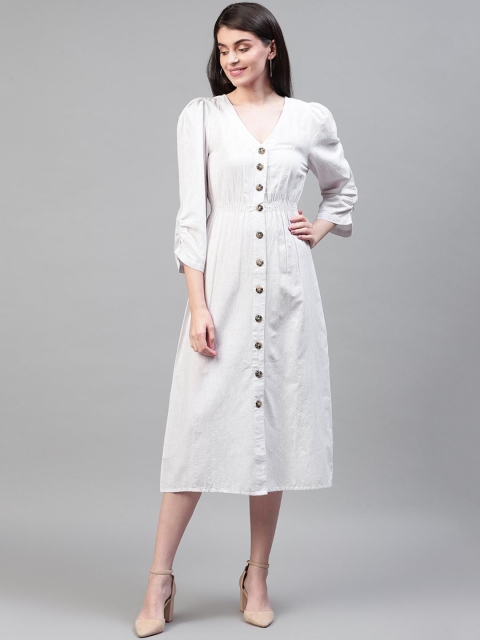 SCOUP Women White Striped Cinched Waist A-Line Pure Cotton Midi Dress