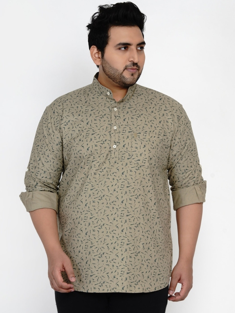 

John Pride Men Khaki Printed Plus Size Mandarin Collar Casual Shirt