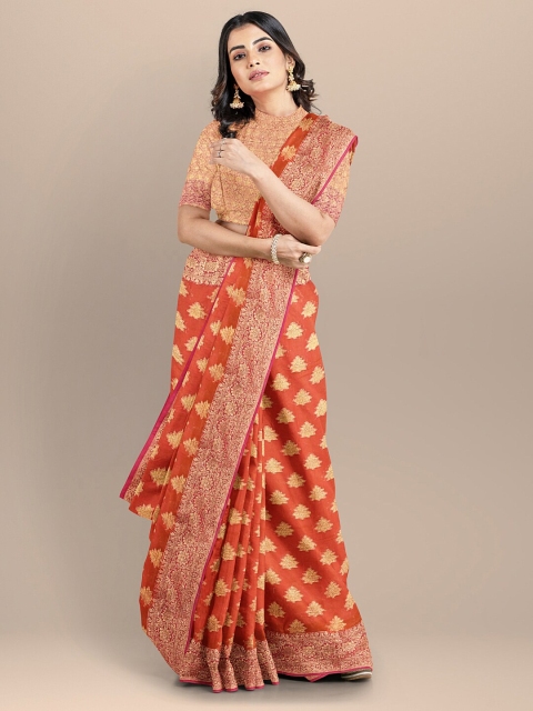 BharatSthali Rust & Gold-Toned Woven Design Silk Cotton Banarasi Saree
