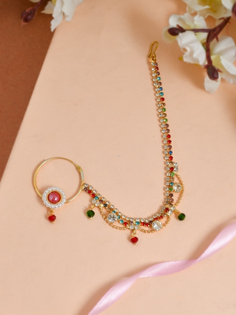 

Silvermerc Designs Gold-Plated White & Red Stone-Studded Taselled Chain Nosering