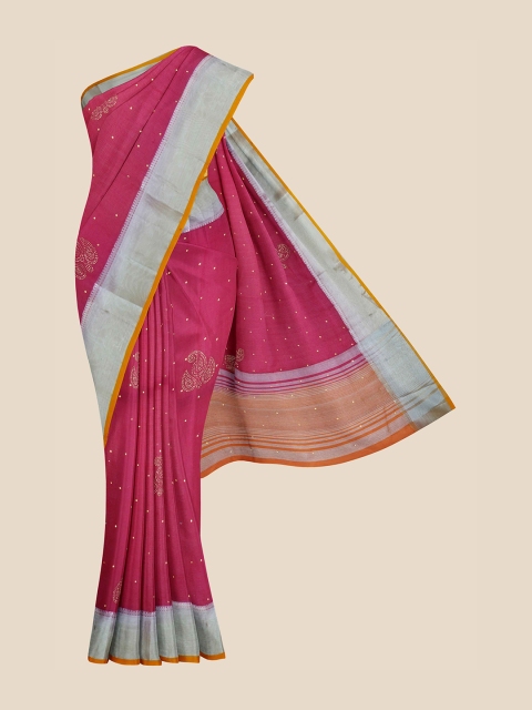 

KLM Fashion Mall Pink & Gold-Toned Paisley Sequinned Silk Blend Banarasi Saree