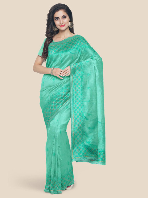 

Kalamandir Sea Green Ethnic Motifs Beads and Stones Silk Blend Saree