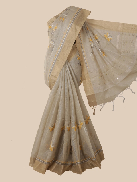 

Pothys Grey & Yellow Zari Tissue Saree