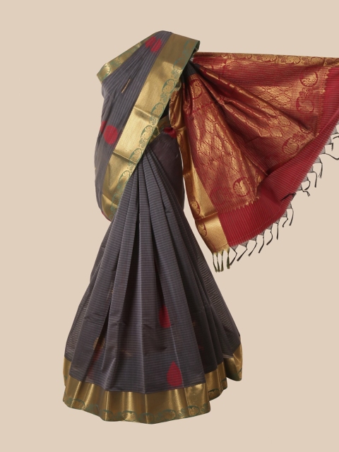 

Pothys Grey & Red Ethnic Motifs Zari Silk Cotton Saree