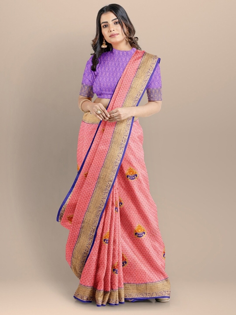 

BharatSthali Pink & Blue Ethnic Motifs Silk Cotton Banarasi Saree