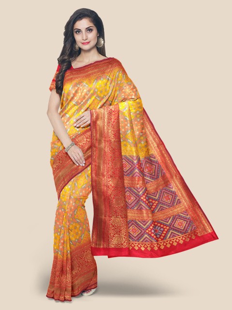 

KLM Fashion Mall Yellow & Red Ethnic Motifs Zari Silk Blend Banarasi Saree