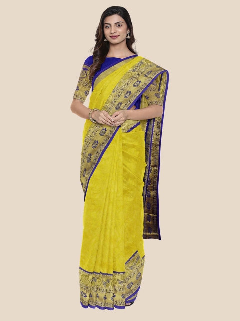 

Kalamandir Yellow & Blue Zari Silk Blend Kanjeevaram Saree