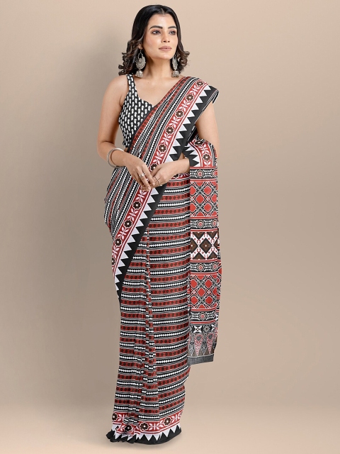 

BharatSthali Black & Red Ethnic Motifs Pure Cotton Block Print Handloom Saree