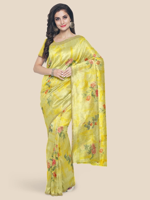 

Kalamandir Yellow Floral Linen Blend Banarasi Saree