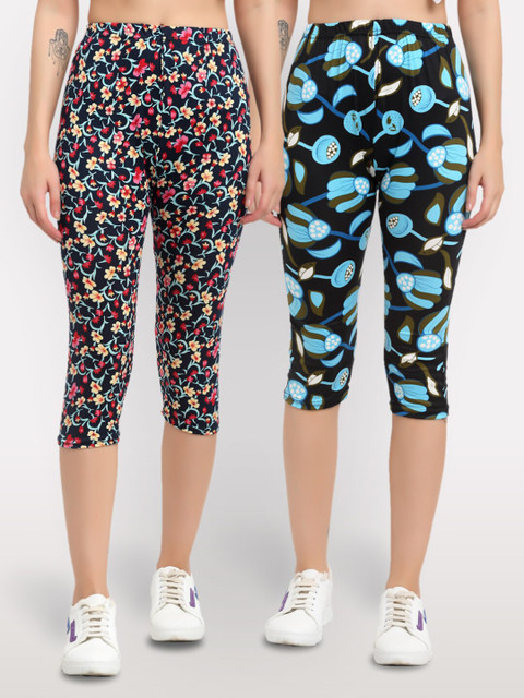 

NEUDIS Women Pack Of 2 Printed Skinny Fit Capris, Black