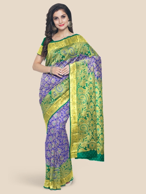 

Kalamandir Navy Blue & Green Ethnic Motifs Silk Blend Kanjeevaram Saree