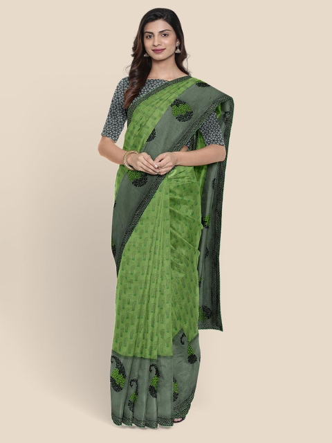 

Kalamandir Green Ethnic Motifs Embroidered Supernet Saree