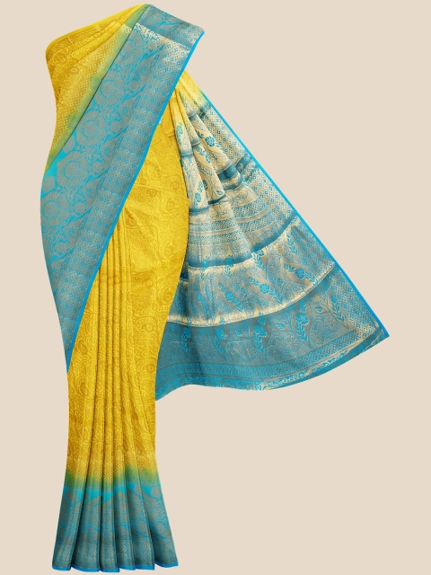 

Kalamandir Yellow & Blue Woven Design Silk Blend Banarasi Saree