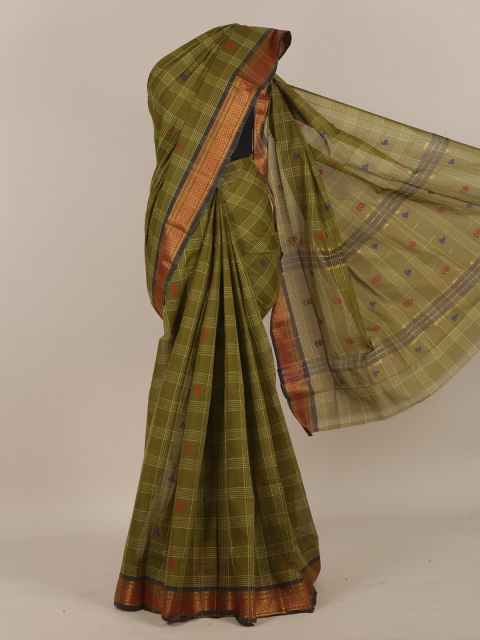 

Pothys Green & Gold-Toned Checked Pure Cotton Saree