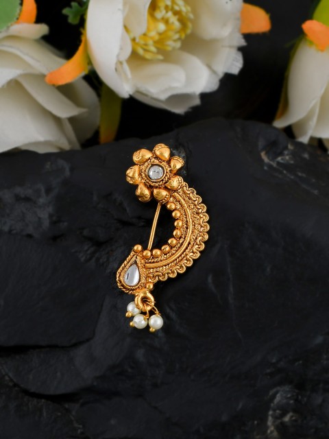 

Silvermerc Designs Women Gold-Plated & White Stone-Studded Marathi Nosepin