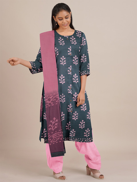 

Pothys Grey & Pink Printed Unstitched Dress Material