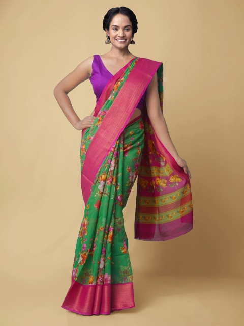 

Unnati Silks Green & Pink Floral Silk Cotton Chanderi Saree