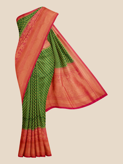 

KLM Fashion Mall Green & Red Ethnic Motifs Zari Silk Blend Banarasi Saree