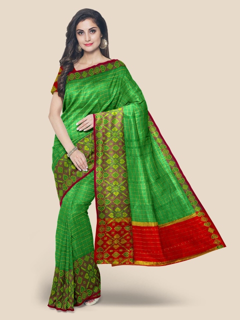 

Kalamandir Green & Red Checked Silk Blend Banarasi Saree