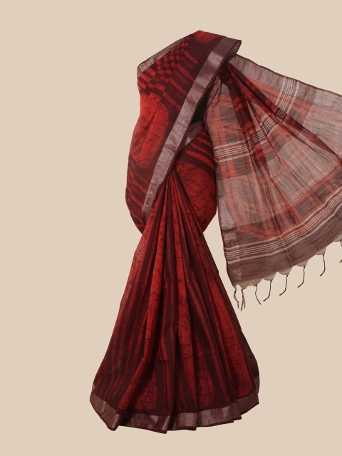 

Pothys Red & Silver-Toned Batik Zari Jute Cotton Saree