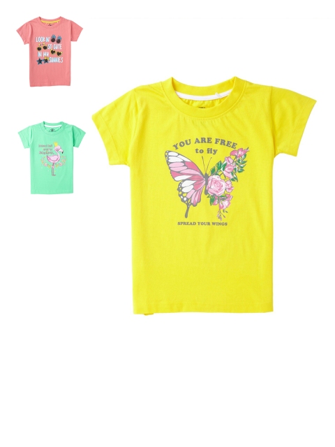 

Cub McPaws Girls Pack Of 3 Pink & Green & Yellow Typography Printed T-shirt