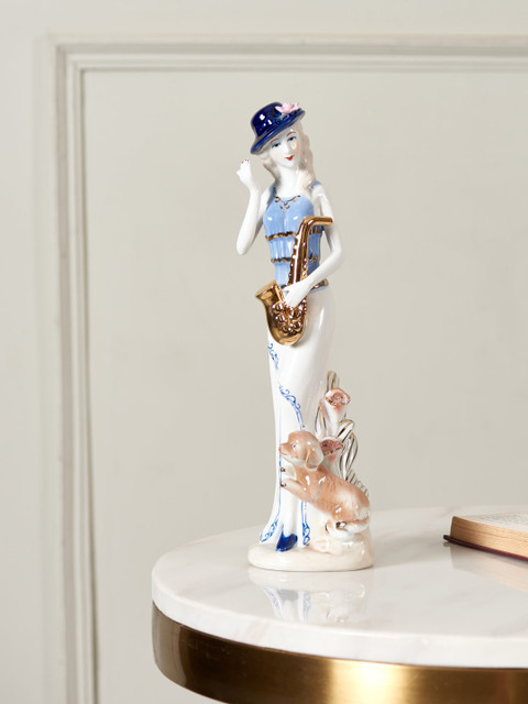 

THEDECORKART White & Blue Hand-Painted Victorian Lady Fine Porcelain Figurine Showpiece