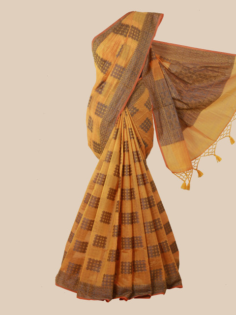 

Pothys Yellow & Brown Printed Cotton Blend Saree