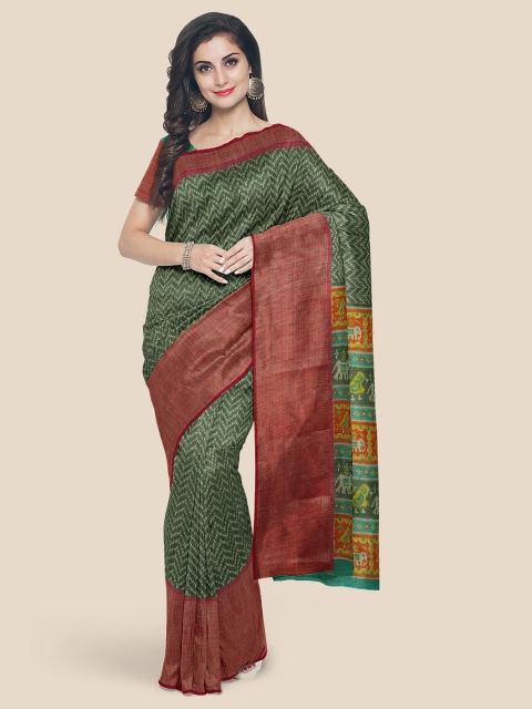 

Kalamandir Green & Maroon Ethnic Motifs Linen Blend Saree
