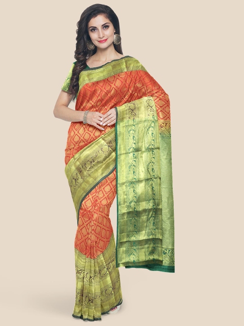 

KLM Fashion Mall Orange & Green Ethnic Motifs Zari Silk Blend Kanjeevaram Saree