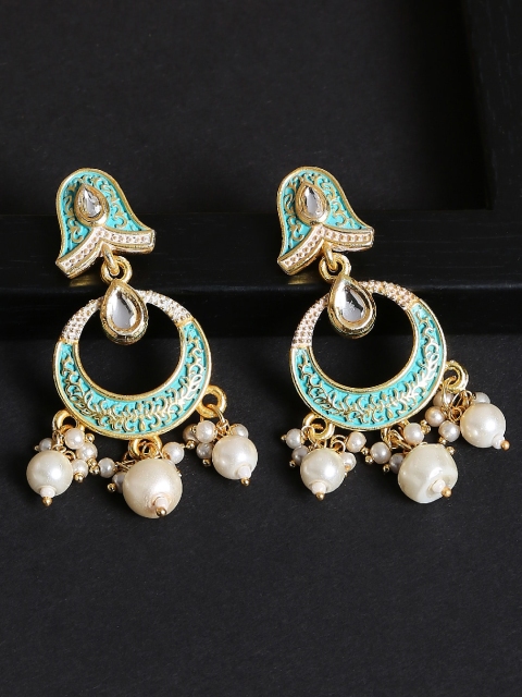

OOMPH Turquoise Blue & Gold-Toned Meenakari Enamel & Kundan Chandbali Earrings