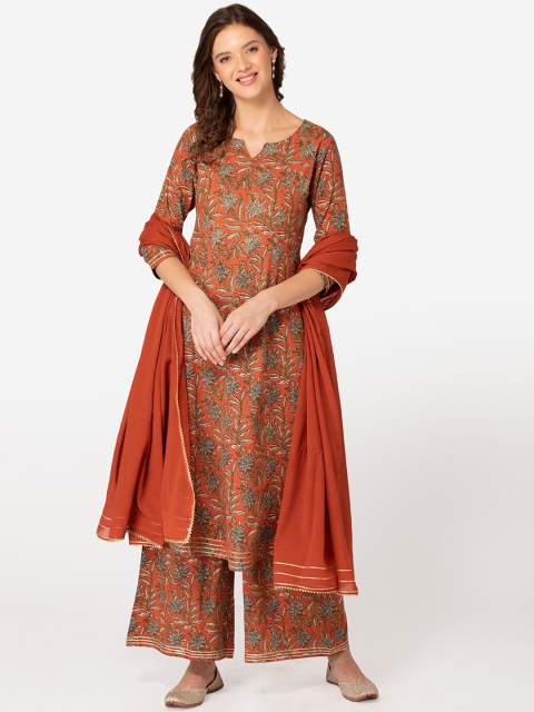 

TARA-C-TARA Women Rust Ethnic Motifs Printed Regular Pure Cotton Kurta with Palazzos & With Dupatta